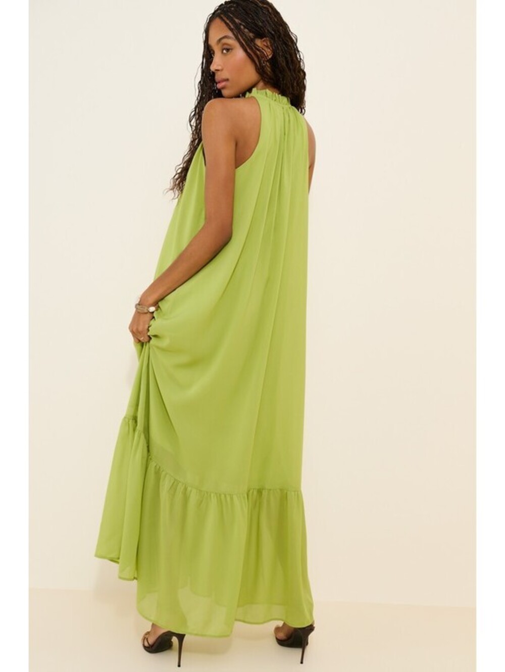Badgley Mischka - Green Halter Neck Maxi Dress with Ruffle Hem, Size 4 - Picture 2 of 9